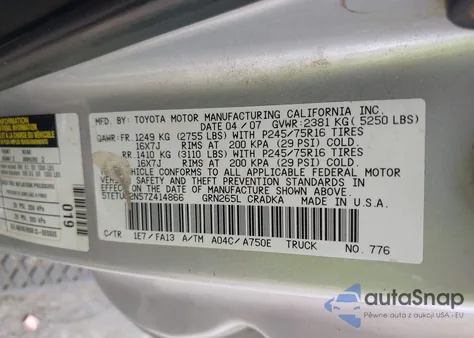 2007 Toyota Tacoma Prerunner V6 z USA, uszkodzony, nr VIN 5TETU62N57Z414866